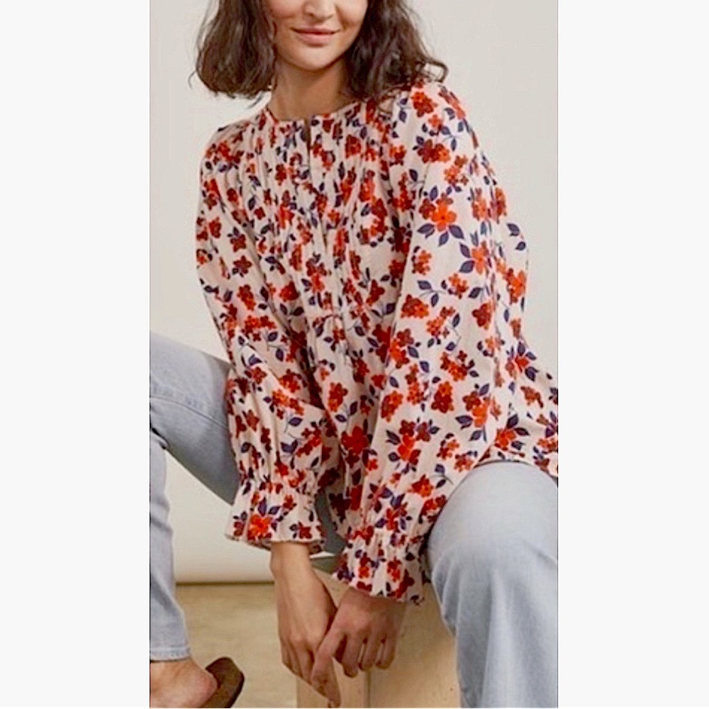 Elizabeth and James Floral Pintuck Bib Cotton Blouse Medium